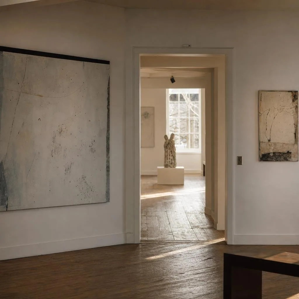 Quiet gallery office with framed prints and daylight from a tall window