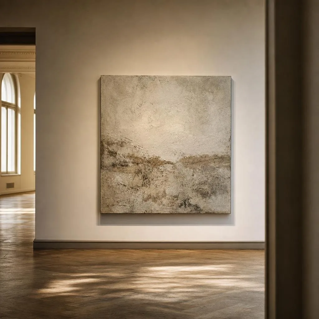 Close hang of framed works on a concrete wall